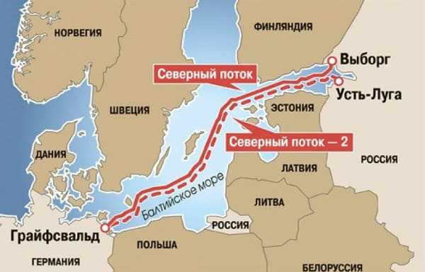 Газопровод «Северный поток — 1 и 2» на карте